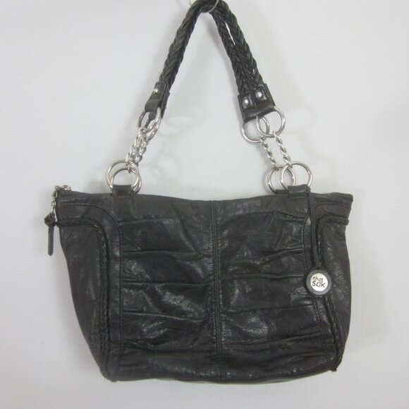 The Sak Womens Black Leather Purse Chain Braided Double Handle Bag Pleated Fob - Picture 10 of 13